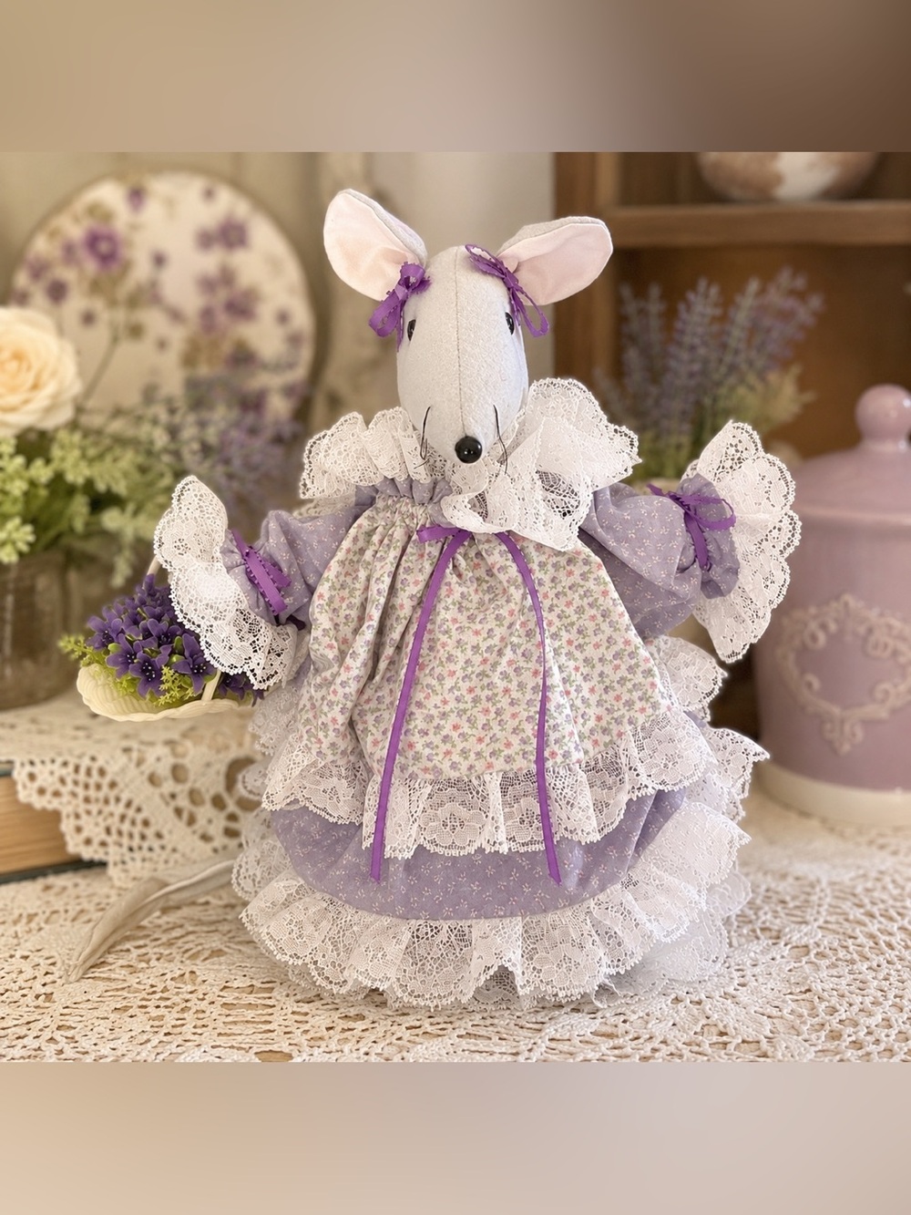 Vintage handmade lavender house mouse 12” doll